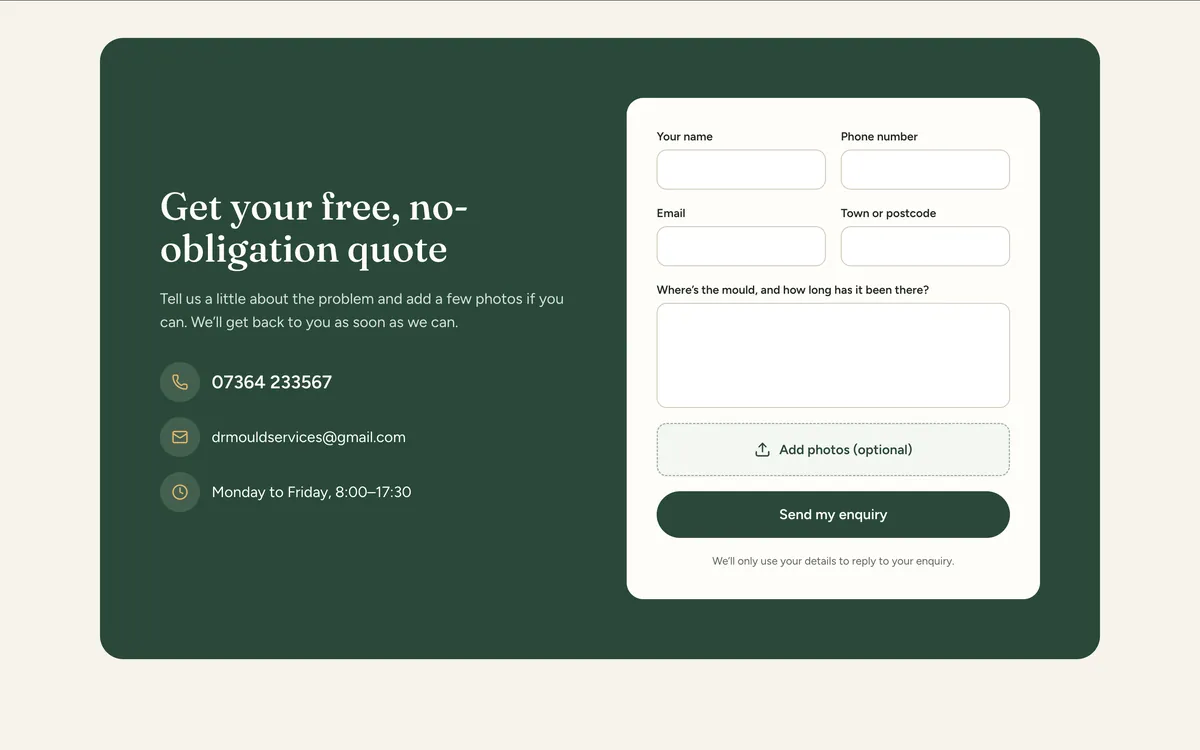 Dr Mould free quote form on desktop