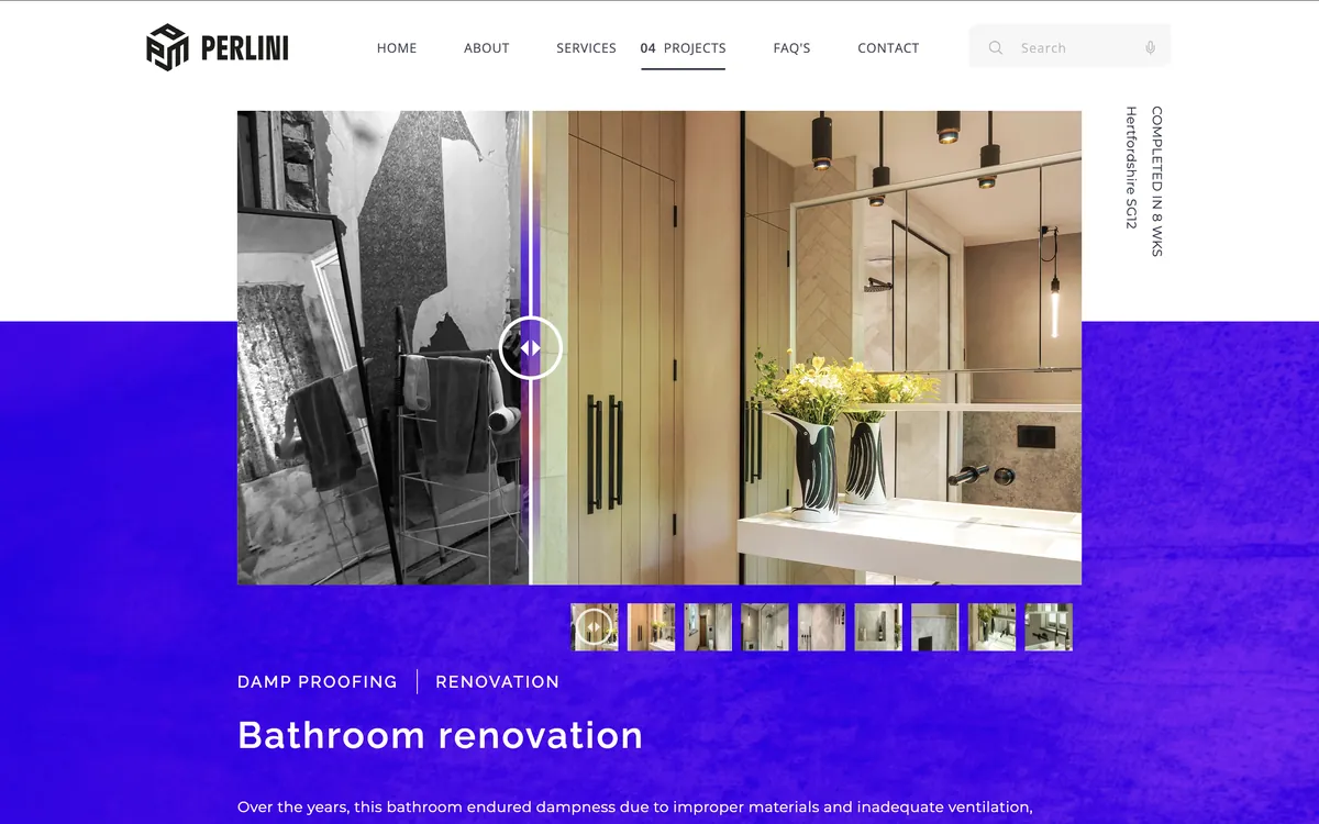 A Perlini project page on desktop, with a before-and-after slider