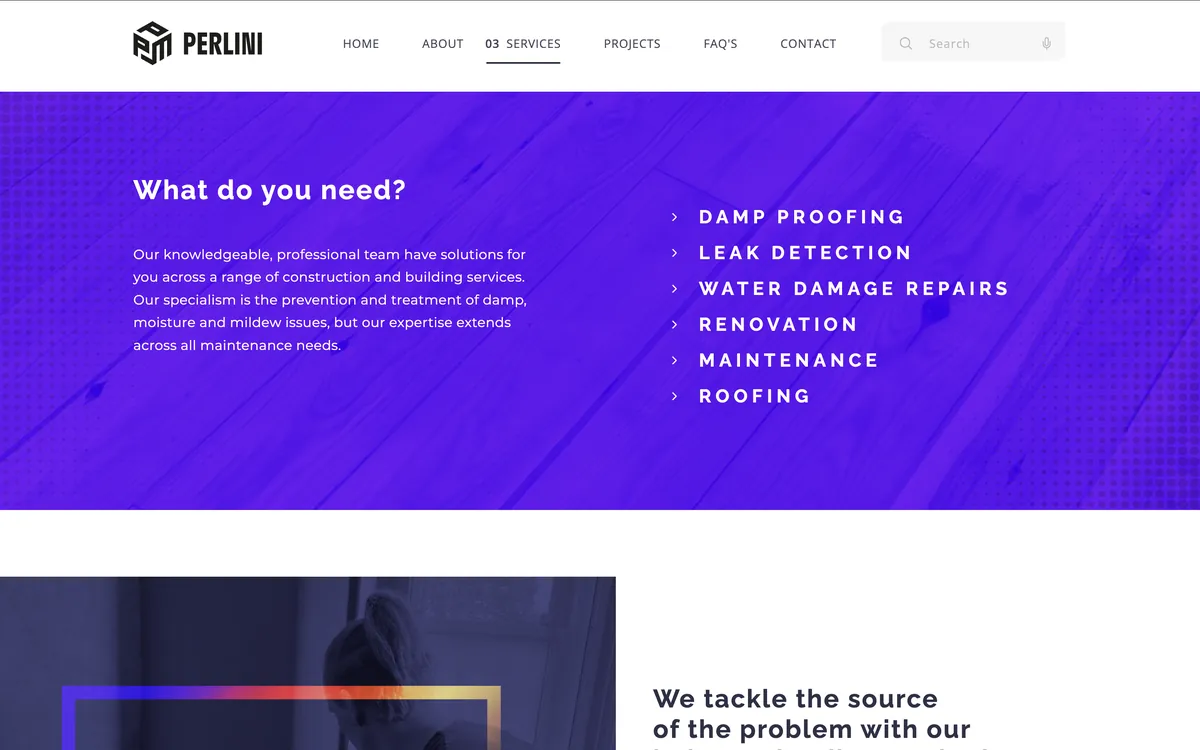 The Perlini services page on desktop
